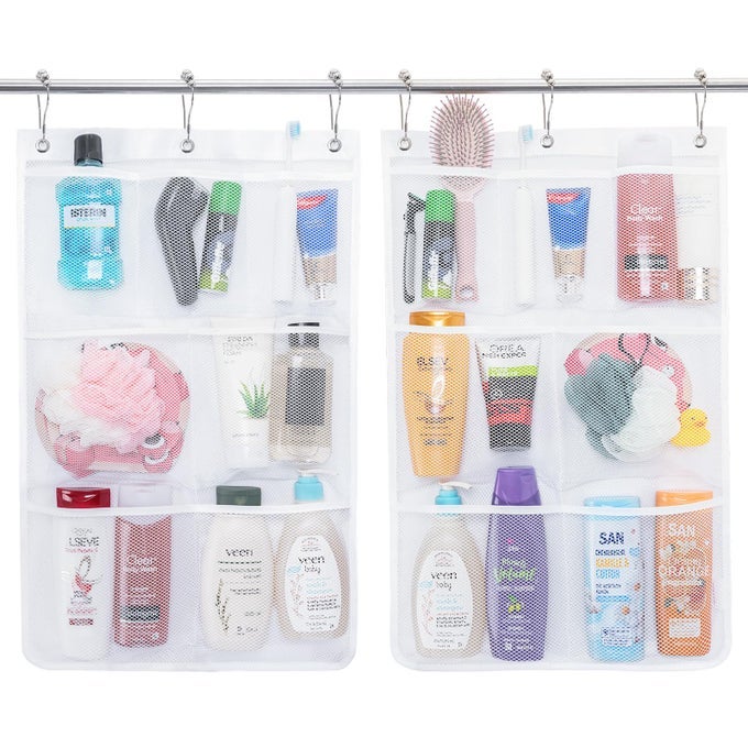 MESH SHOWER CADDY 7 POCKETS HANGING SHOWER ORGANIZER WITH QUICK DRYING MESH PORTABLE SPACE SAVING BATHROOM ORGANIZER TO HOLD SOAP SHAMPOO AND CRUISE SHIP ESSENTIALS WHITE 2 PACK