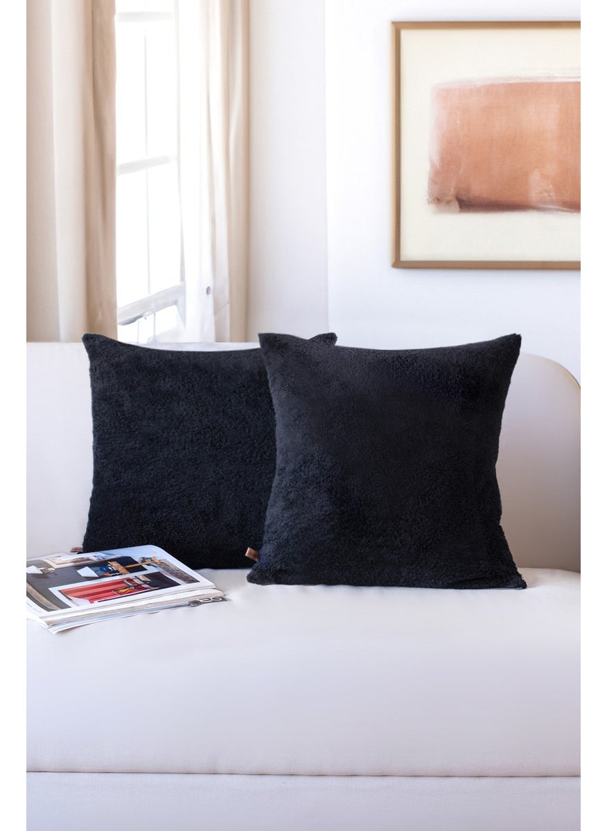 Hamur Dough Scandinavian Bohemian 2 Pack Teddy Puffy Throw Pillow Cover Black  - Image 1