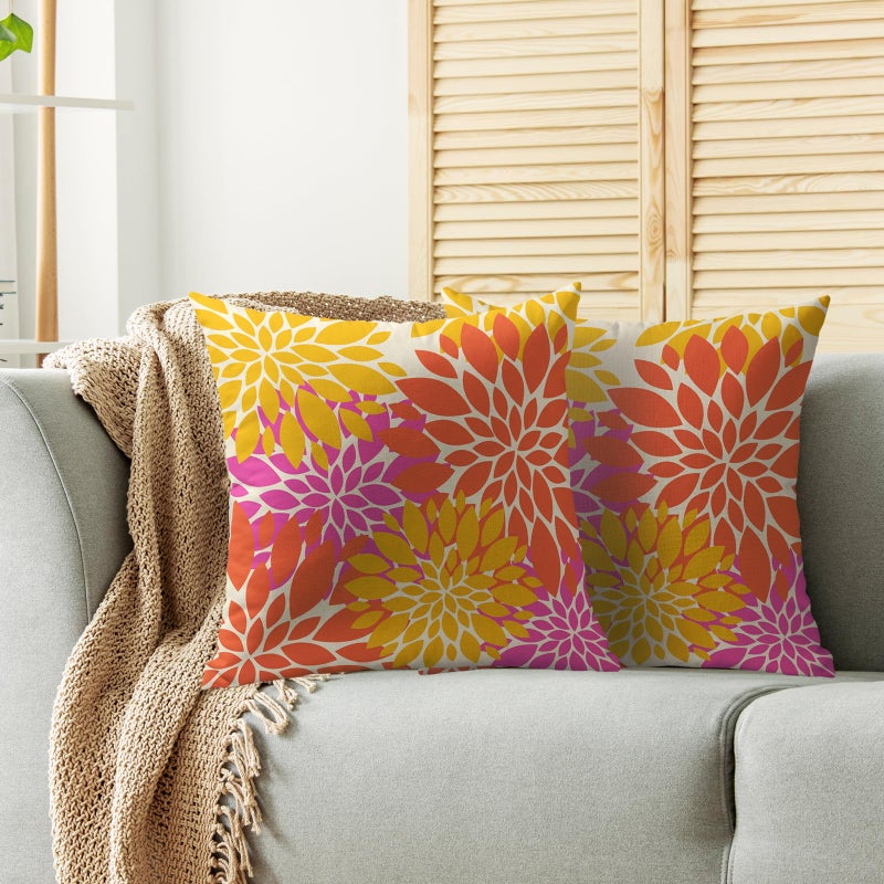 Smozenith Yellow Orange Pink Pillow Covers 18X18 Inch Set of 2  Spring Summer Modern Geometry Dahlia Floral Print Decorative Throw Pillow Covers Outdoor Farmhouse Cushion Case for Couch Sofa Bed Decor  - Image 2