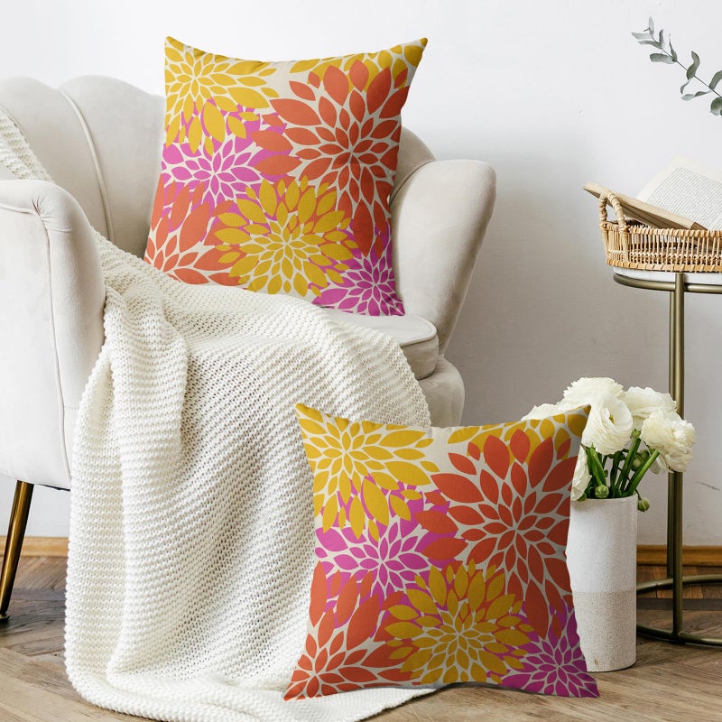 Smozenith Yellow Orange Pink Pillow Covers 18X18 Inch Set of 2  Spring Summer Modern Geometry Dahlia Floral Print Decorative Throw Pillow Covers Outdoor Farmhouse Cushion Case for Couch Sofa Bed Decor  - Image 3