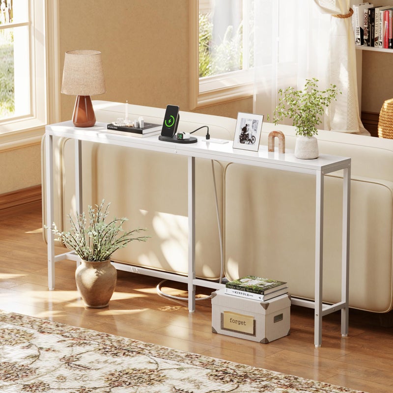 SUPERJARE 70 Inch Console Table with Outlet, Sofa Table with Charging Station, Narrow Entryway Table, Skinny Hallway Table, Behind Couch Table, for Living Room, White - Image 5