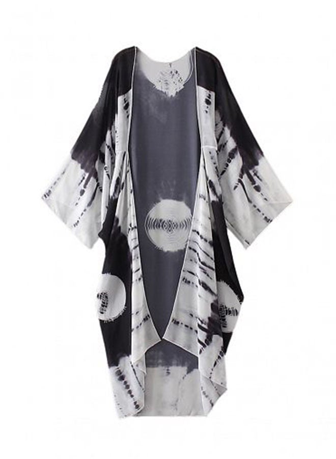 NIBEMINENT New Contrast Print Long Loose Beach Cover Up Black  - Image 1