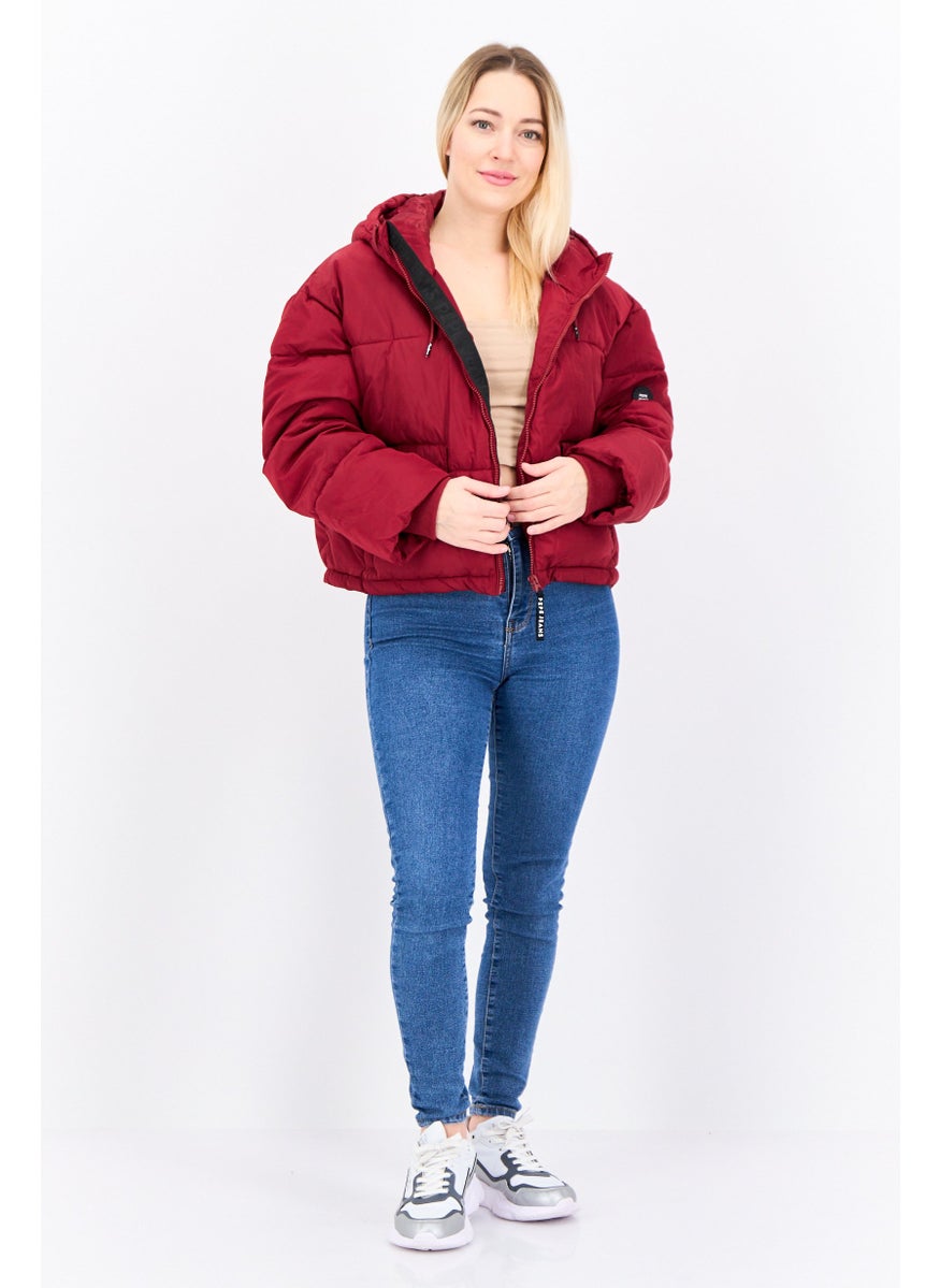 Pepe Jeans - Women Hooded Brand Logo Puffer Jacket, Maroon - Image 1