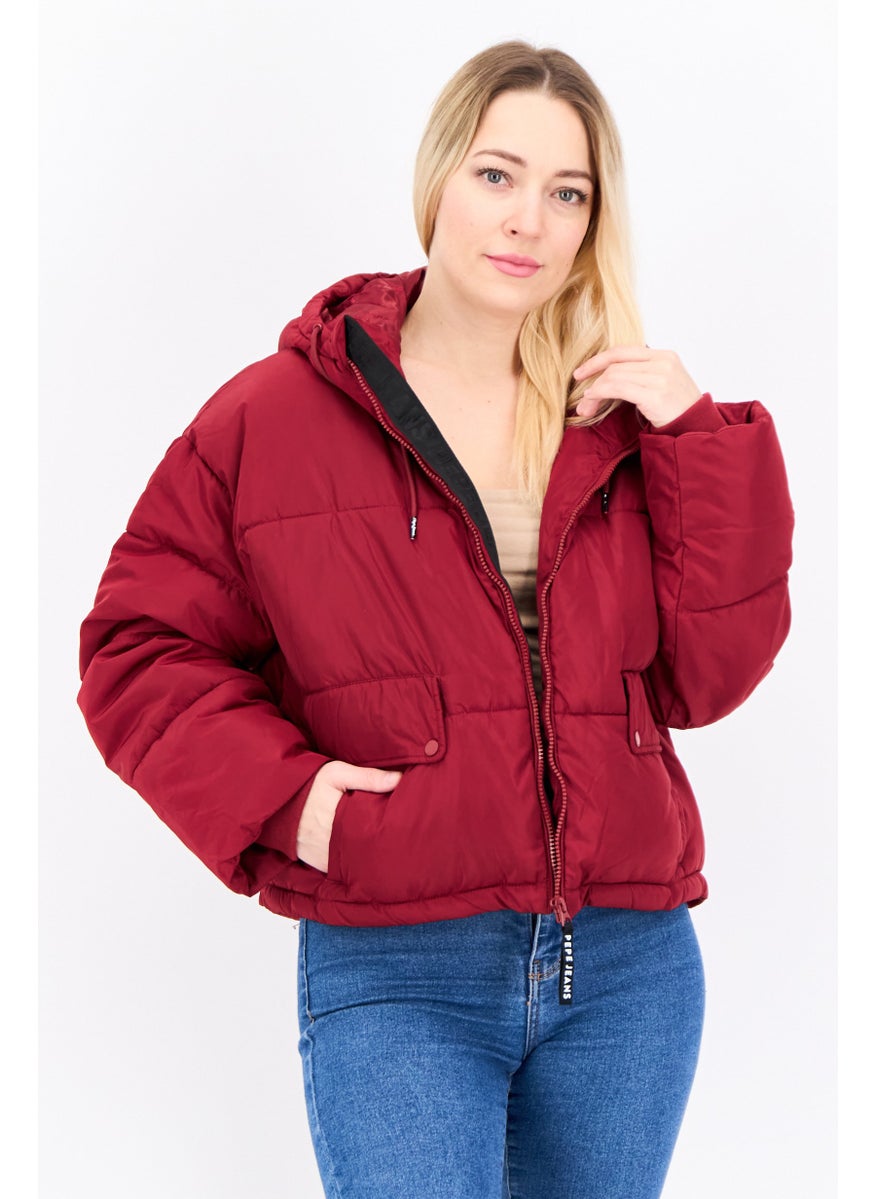 Pepe Jeans - Women Hooded Brand Logo Puffer Jacket, Maroon - Image 1