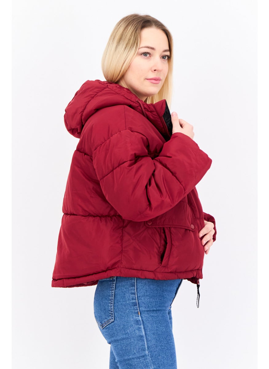 Pepe Jeans - Women Hooded Brand Logo Puffer Jacket, Maroon - Image 1