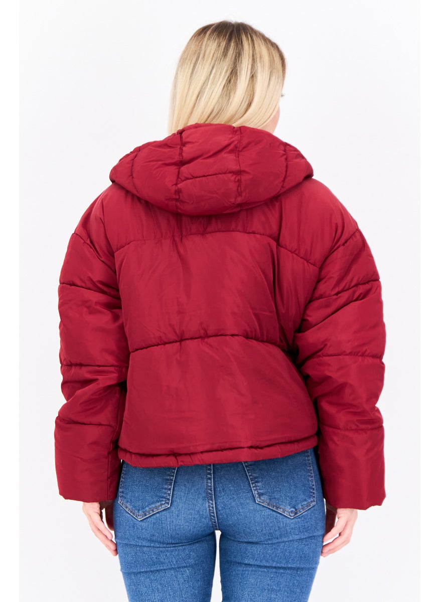 Pepe Jeans - Women Hooded Brand Logo Puffer Jacket, Maroon - Image 1