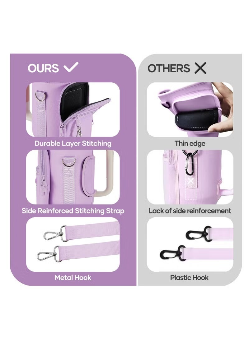 Water Bottle Carrier Bag with Phone Pocket for 40oz Tumbler Water Bottle Holder Pouch with Adjustable Shoulder Strap and Carabiner Stanley Cup Accessories for Hiking Travelling Camping (Purple) - Image 3