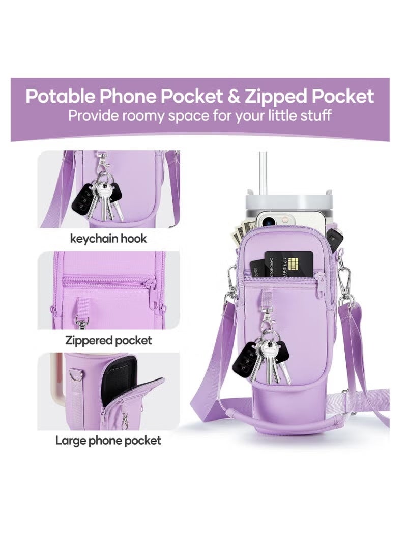 Water Bottle Carrier Bag with Phone Pocket for 40oz Tumbler Water Bottle Holder Pouch with Adjustable Shoulder Strap and Carabiner Stanley Cup Accessories for Hiking Travelling Camping (Purple) - Image 5