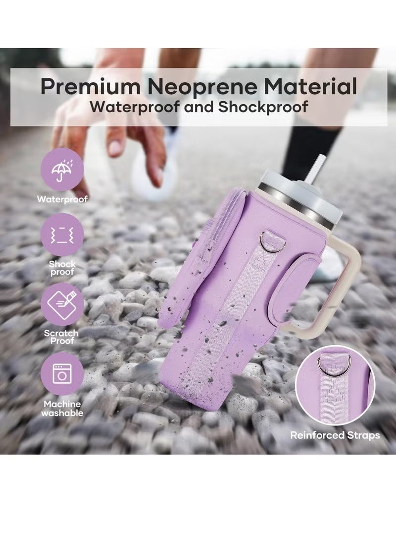 Water Bottle Carrier Bag with Phone Pocket for 40oz Tumbler Water Bottle Holder Pouch with Adjustable Shoulder Strap and Carabiner Stanley Cup Accessories for Hiking Travelling Camping (Purple) - Image 4