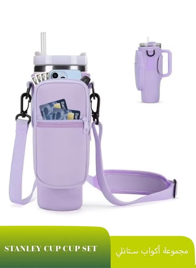 Water Bottle Carrier Bag with Phone Pocket for 40oz Tumbler Water Bottle Holder Pouch with Adjustable Shoulder Strap and Carabiner Stanley Cup Accessories for Hiking Travelling Camping (Purple) - Image 1