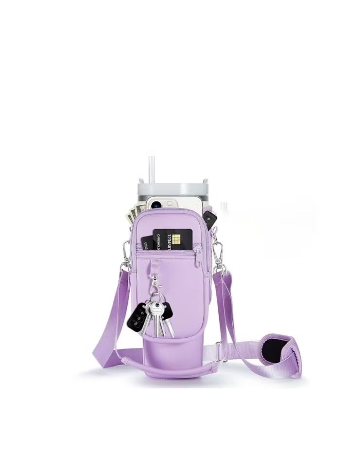 Water Bottle Carrier Bag with Phone Pocket for 40oz Tumbler Water Bottle Holder Pouch with Adjustable Shoulder Strap and Carabiner Stanley Cup Accessories for Hiking Travelling Camping (Purple) - Image 2