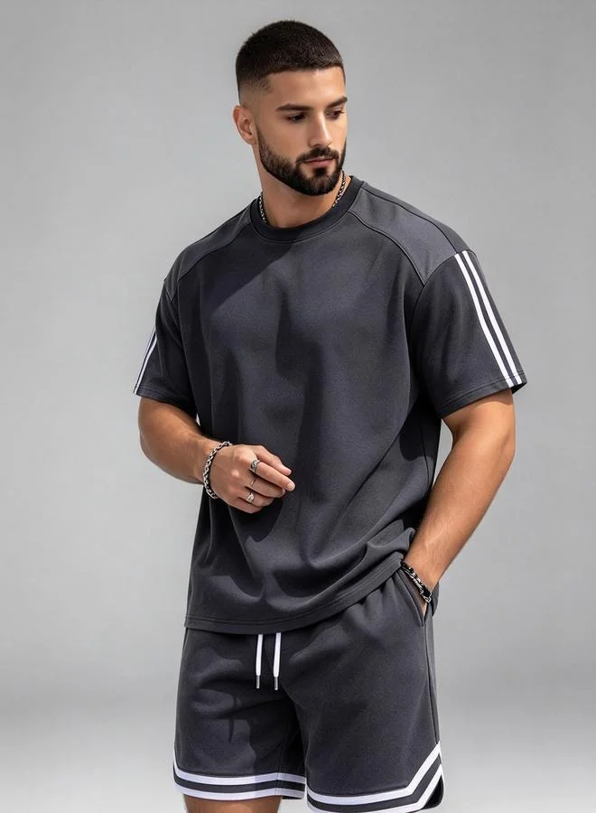 Take Two Active Men Charcoal Relaxed Fit Side Stripe T-Shirt and Shorts Set