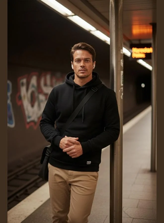 بوراتي سويت شيرت بقلنسوة بقصة عادية بجيوب كنغر وبطانة صوف ناعمة للرجال من بوراتي