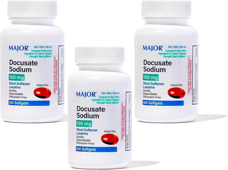 Major Pharmaceuticals MAJOR Docusate Sodium 100 mg  Stool Softener Tablets for Constipation Relief  Helps Stop Constipation  Stool Softeners for Women Men and Kids Ages 12  100 Tablets 3 Pack - Image 1