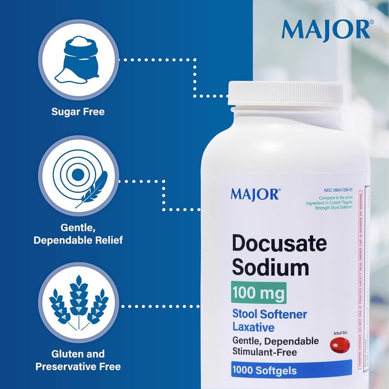 Major Pharmaceuticals MAJOR Docusate Sodium 100 mg  Stool Softener Tablets for Constipation Relief  Helps Stop Constipation  Stool Softeners for Women Men and Kids Ages 12  100 Tablets 3 Pack - Image 4