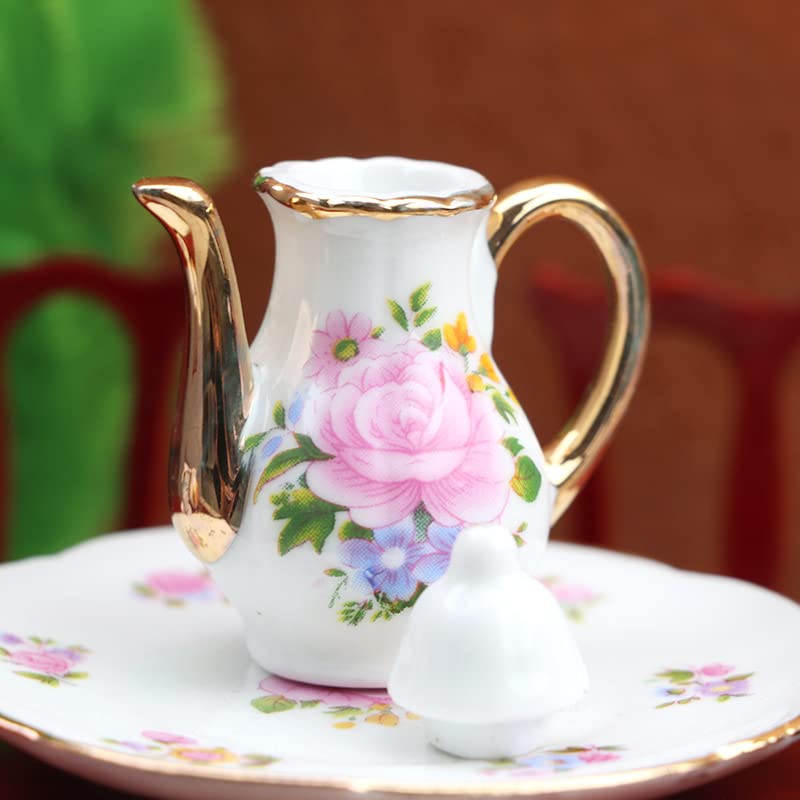 Cutemini 16 Scale Miniature Porcelain Dollhouse Tea Cup Sets 8PCS Flower Pattern Teapot Platter Dish Sets Dollhouse Kitchen Supplies Decoration Light Pink - Image 5