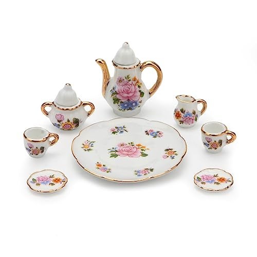 Cutemini 16 Scale Miniature Porcelain Dollhouse Tea Cup Sets 8PCS Flower Pattern Teapot Platter Dish Sets Dollhouse Kitchen Supplies Decoration Light Pink - Image 1