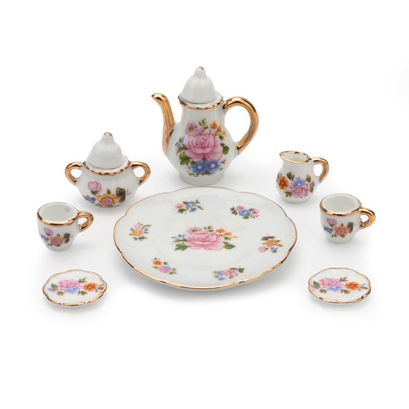 Cutemini 16 Scale Miniature Porcelain Dollhouse Tea Cup Sets 8PCS Flower Pattern Teapot Platter Dish Sets Dollhouse Kitchen Supplies Decoration Light Pink - Image 3