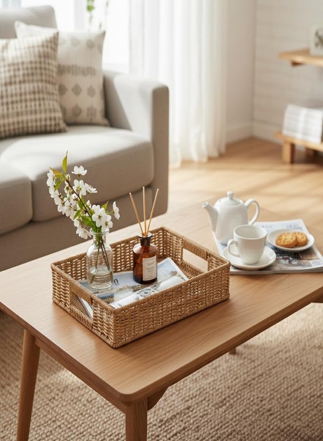 Fvstar 2pcs Woven Baskets Serving Trays with Handles, Poly Wicker Bread Basket Rectangular Platters for Fruit, Vegetables, Breakfast, Drinks, Snacks, Dining Coffee Table, 2 Size - Image 3