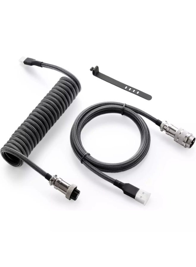 Custom Coiled GX16 USB-C Keyboard Cable – 1.8M Double-Sleeved Braided USB Type-C to USB-A Cable with Detachable Metal Aviator Connector for Mechanical Gaming Keyboards (Carbon Black) - Image 1