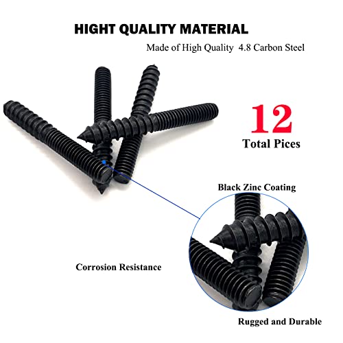 Yoliko 12 Pack 3/8-16 x 3 Inch Black Hanger Bolts 3/8-16" Double Headed Bolts 3/8 Wood Dowel Screw Self-Tapping Screw Hanger Bolts for Furniture Double Head Threaded Rods Bolt 75mm Length - Image 2