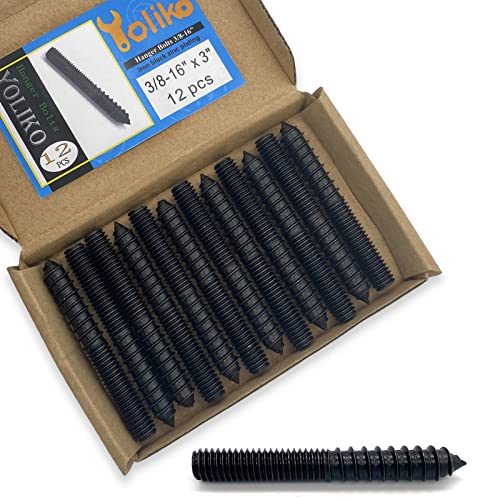 Yoliko 12 Pack 3/8-16 x 3 Inch Black Hanger Bolts 3/8-16" Double Headed Bolts 3/8 Wood Dowel Screw Self-Tapping Screw Hanger Bolts for Furniture Double Head Threaded Rods Bolt 75mm Length - Image 1