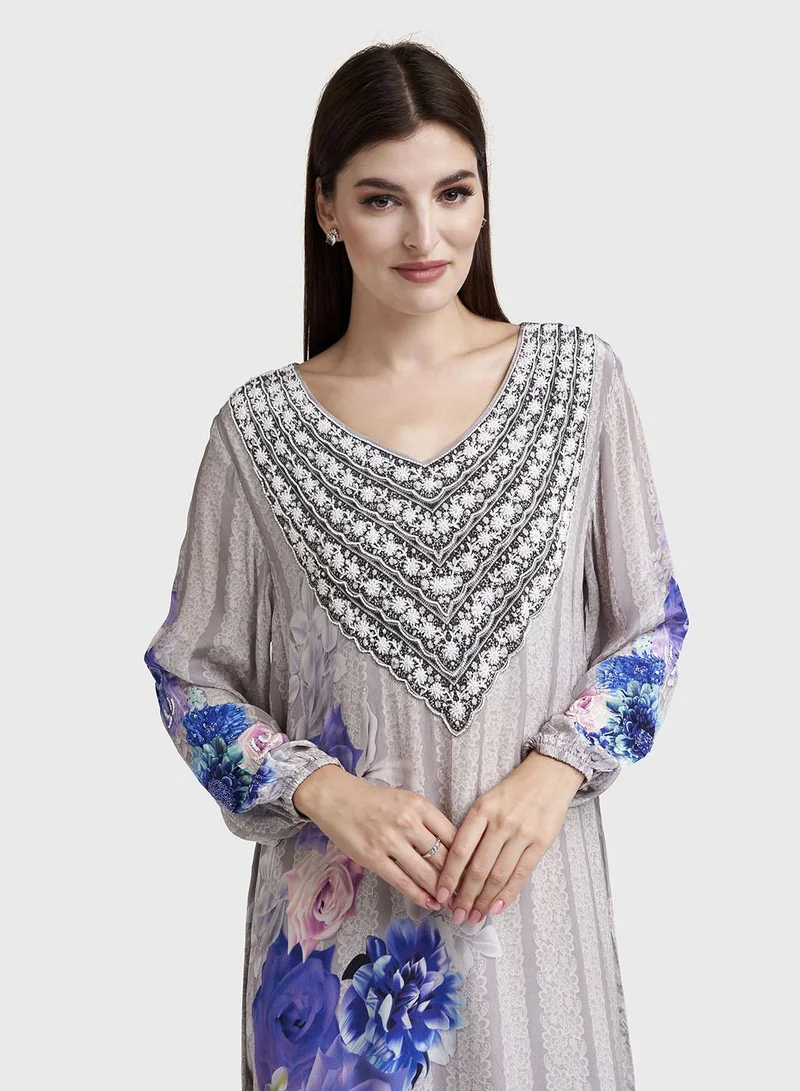 كشخة Grey Viscose Crepe Floral Print Jalabiya (VDU849)