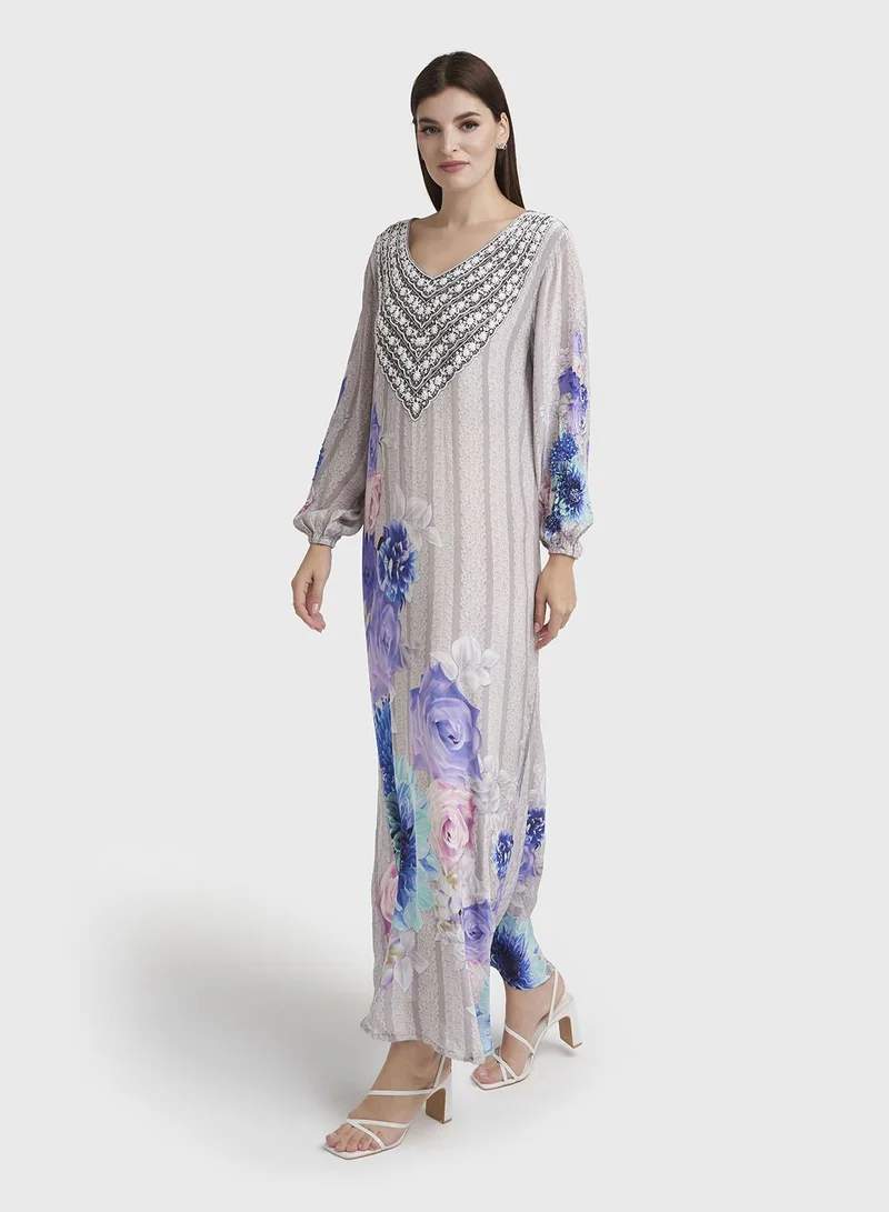 KASHKHA  Grey Viscose Crepe Floral Print Jalabiya (VDU849) for Women | Best Price UAE