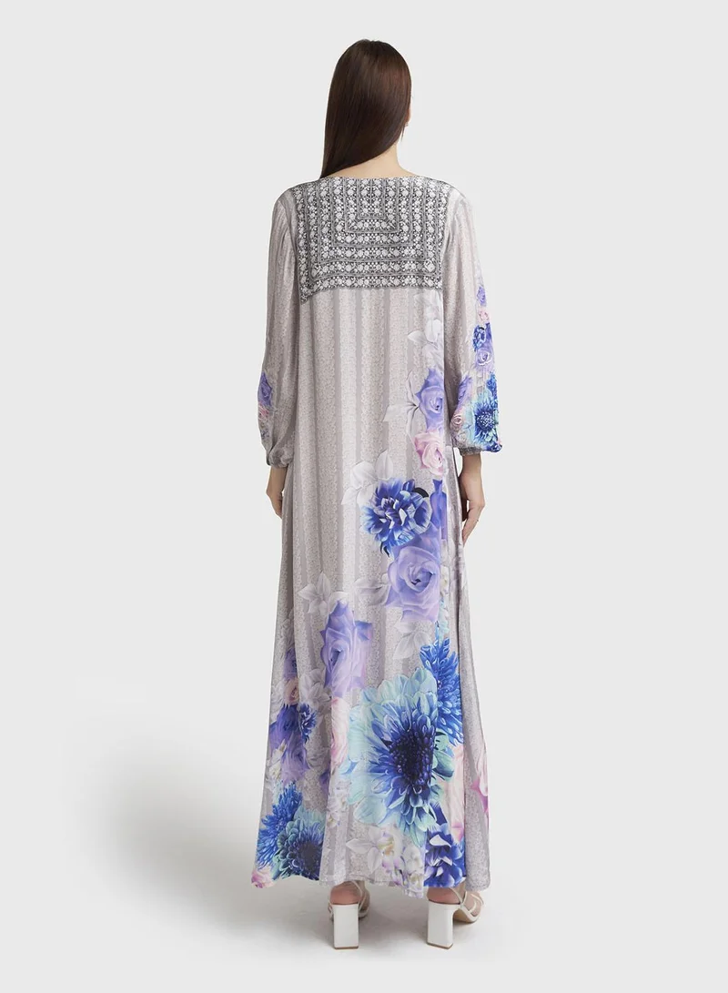 KASHKHA  Grey Viscose Crepe Floral Print Jalabiya (VDU849) for Women | Best Price UAE