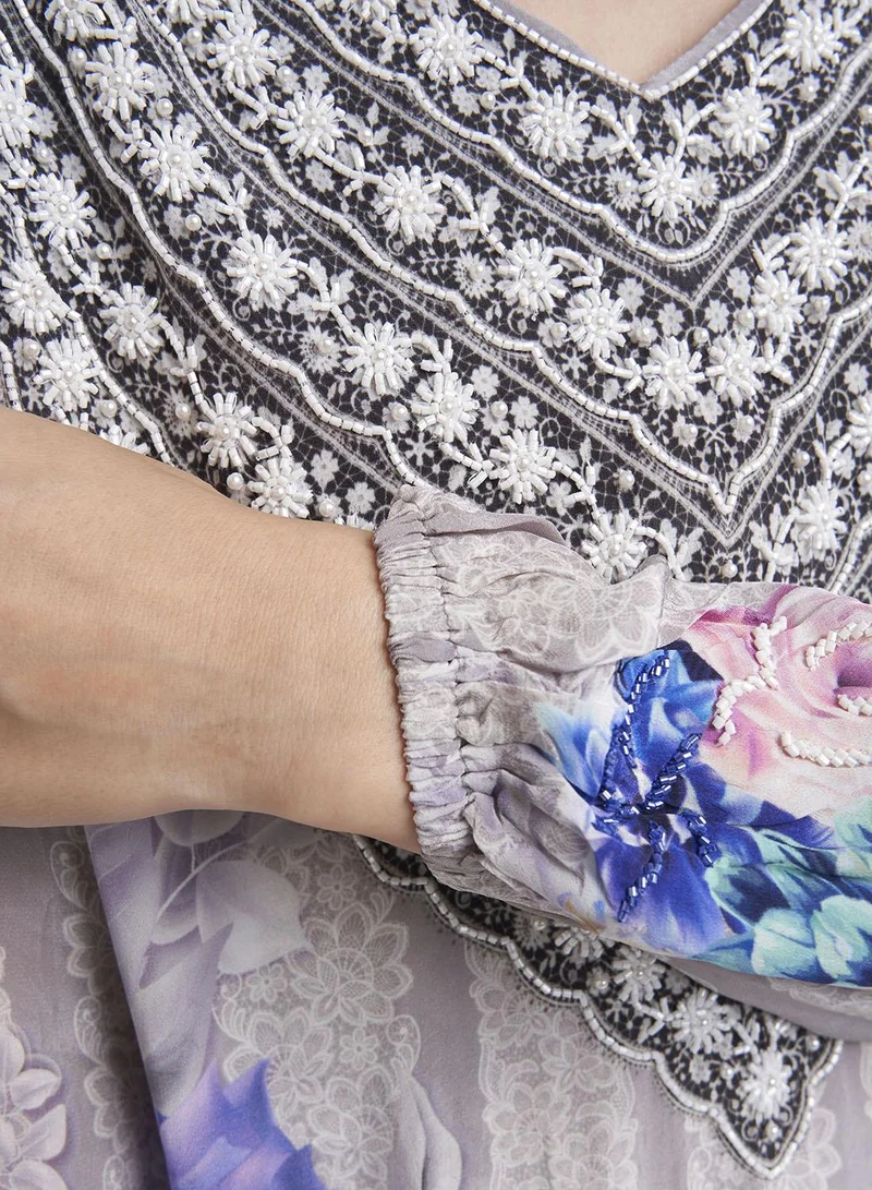 KASHKHA  Grey Viscose Crepe Floral Print Jalabiya (VDU849) for Women | Best Price UAE
