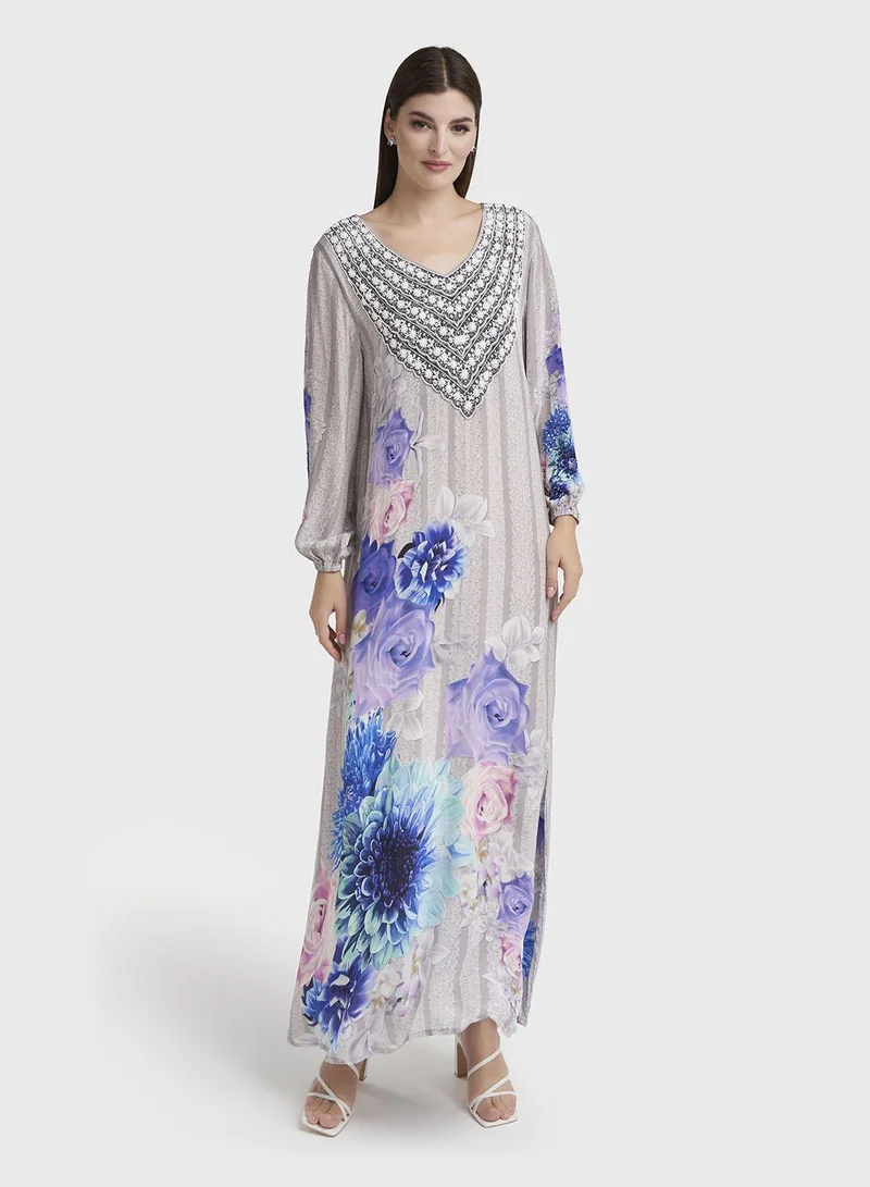 كشخة Grey Viscose Crepe Floral Print Jalabiya (VDU849)