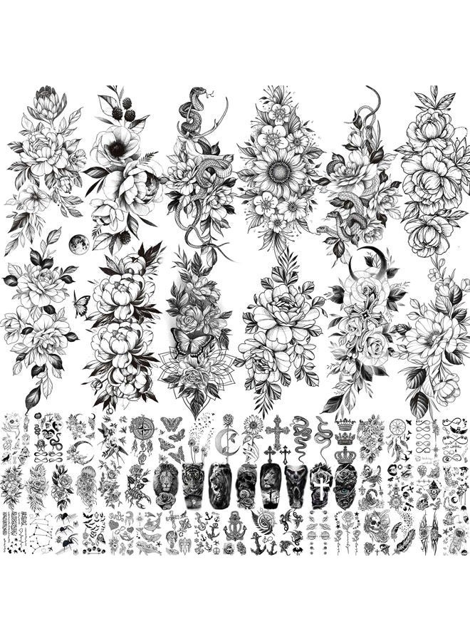VANTATY 64 Sheets 3D Snake Flower Temporary Tattoos For Women Girls Neck Arm, 12 Sheets Realistic Floral Fake Tattoo Stickers Thigh, Waterproof Temp Transfer Tatoo Adults Rose Sunflower Butterfly - Image 1