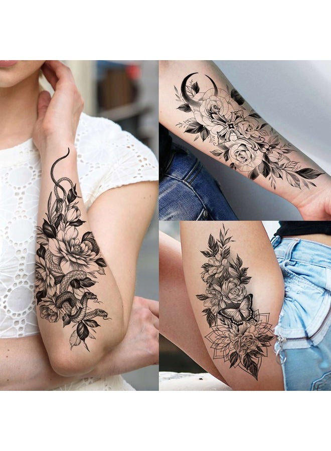 VANTATY 64 Sheets 3D Snake Flower Temporary Tattoos For Women Girls Neck Arm, 12 Sheets Realistic Floral Fake Tattoo Stickers Thigh, Waterproof Temp Transfer Tatoo Adults Rose Sunflower Butterfly - Image 4