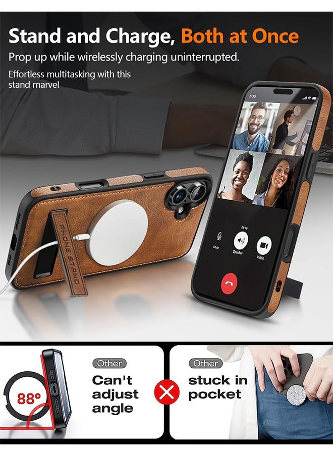 Magnetic for iPhone 16 Leather Case,Built-in Invisible Stand [Compatible with Magsafe] Protective Slim Kickstand Phone Cover Compatible with iPhone 16 (2024) 6.1" (Brown) - Image 2