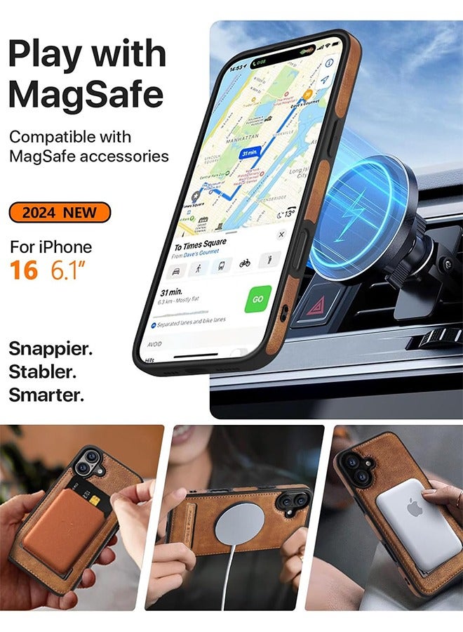 Magnetic for iPhone 16 Leather Case,Built-in Invisible Stand [Compatible with Magsafe] Protective Slim Kickstand Phone Cover Compatible with iPhone 16 (2024) 6.1" (Brown) - Image 3