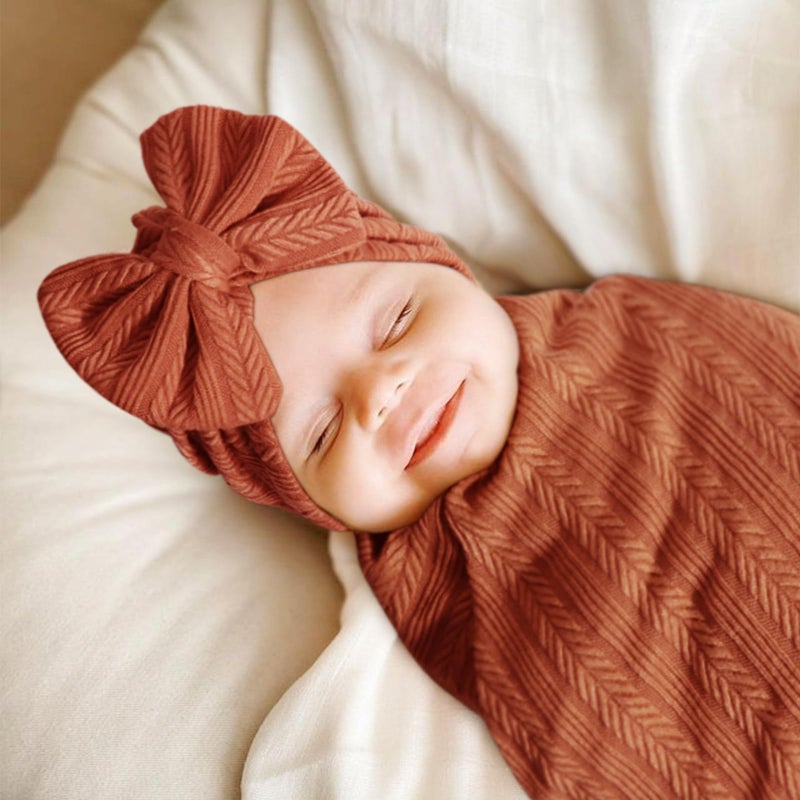 Aqokka Newborn Receiving Blanket With Bow Hat Headband Wooden Card Set Wheat-Pattern Newborns Toddler Baby Boy Girl Nursery Swaddle Wrap - Image 5