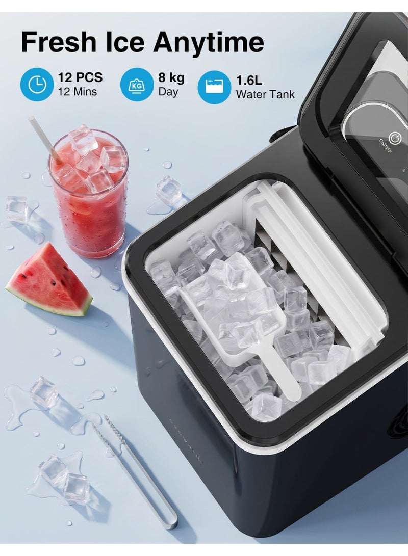 CROWNFUL Countertop Cube Ice Maker Machine, 12 Square Ice Cubes in 12 Min, 8 kg/Day, Self-Cleaning Ice Maker with 1.6L Water Tank, 2 Ice Thickness Settings, Quiet Compact Ice Machine for Home Kitchen Office, Black - Image 2