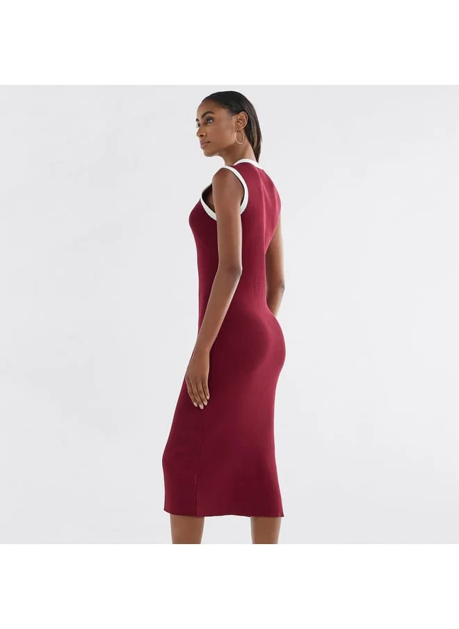 FAV Ribbed Sleeveless Button Down Dress with V-neck