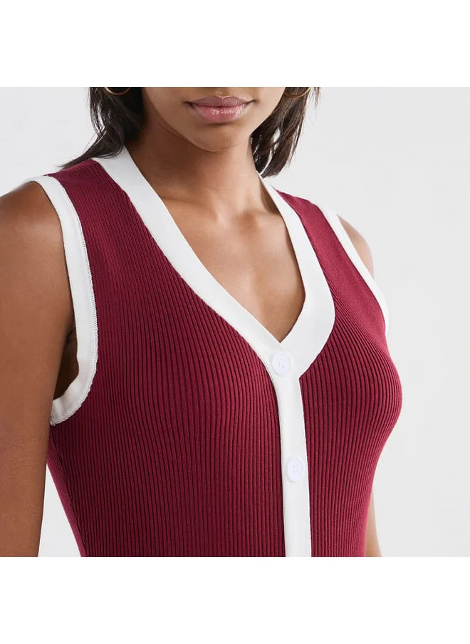 FAV Ribbed Sleeveless Button Down Dress with V-neck