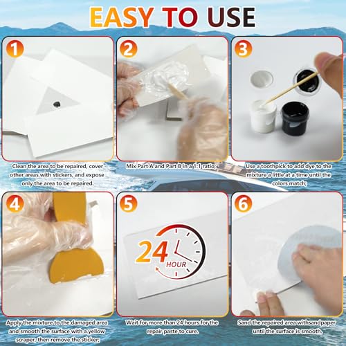 Mallbaola طقم إصلاح الألياف الزجاجية البحرية للقوارب، طقم إصلاح طلاء الجل للقوارب، طقم إصلاح قوارب الألياف الزجاجية، حشو الإيبوكسي لقوارب الألياف الزجاجية، طقم الألياف الزجاجية لإصلاح الثقوب والرقائق والحفر والشقوق العميقة (مطابقة اللون) - Image 5