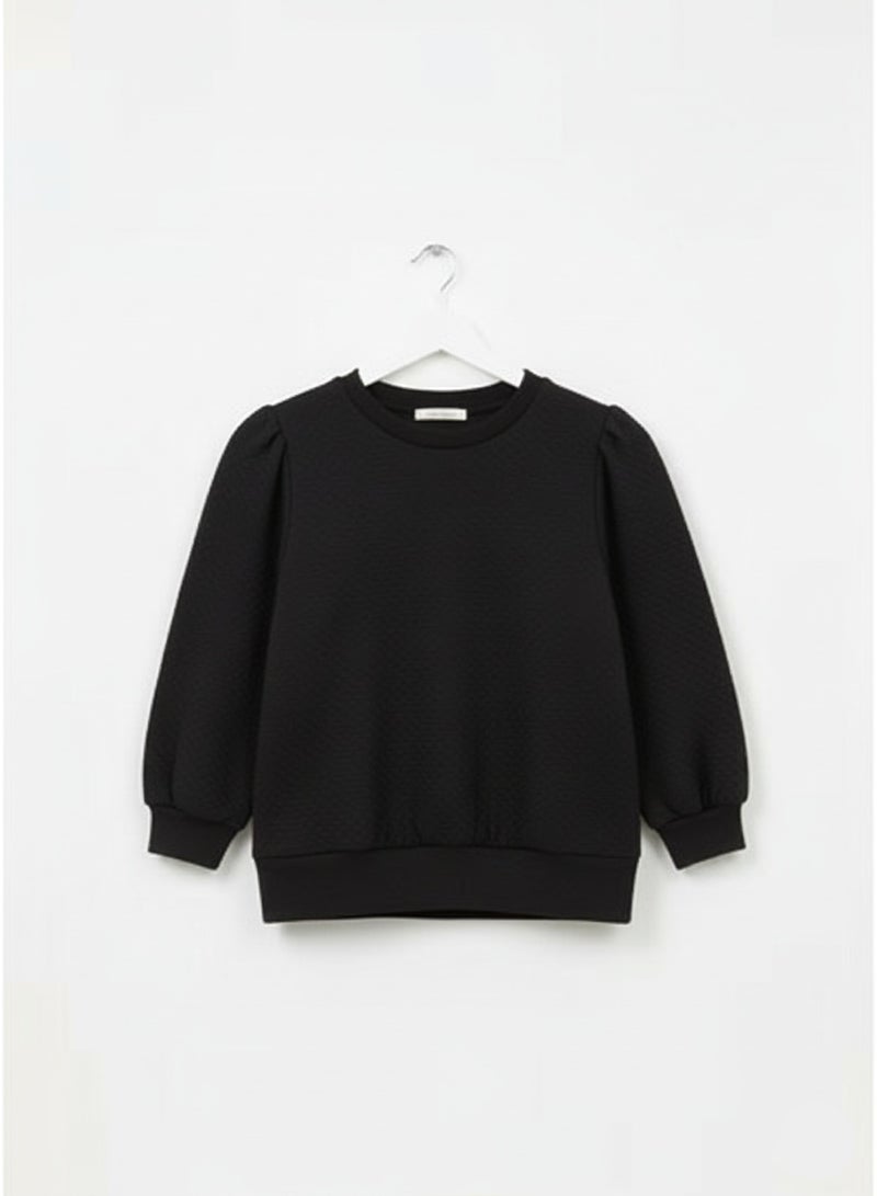mango co. Long Sleeve Puff-Shoulder Black Sweatshirt – Soft Knit Crewneck Top for Everyday Wear - Image 1