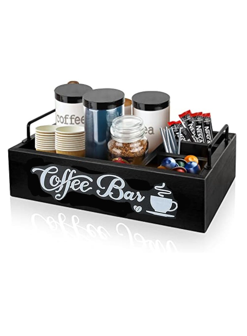 Arabest Coffee Station Organizer Wooden Coffee Bar Organizer for Countertop, Coffee Bar Accessories Organizer Farmhouse Kcup Coffee Pod Holder Storage Basket with Handle - Black - Image 1