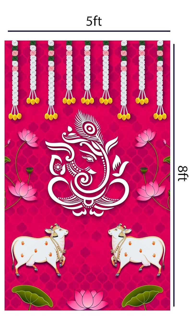 DC Red Dhenu with Ganesha Design Backdrop Cloth for Pooja DecorationHouse Warming FunctionTraditional Events 8Ft 5Ft Washable Fabric - Image 2