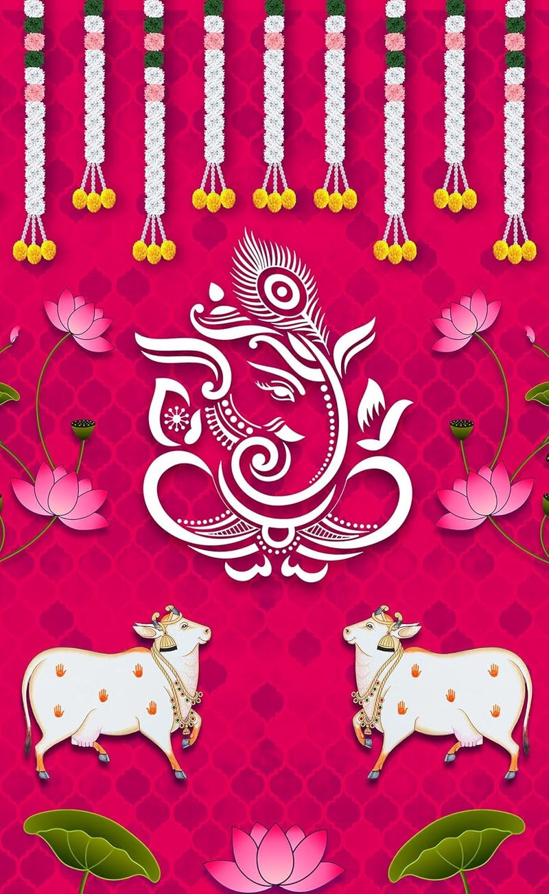 DC Red Dhenu with Ganesha Design Backdrop Cloth for Pooja DecorationHouse Warming FunctionTraditional Events 8Ft 5Ft Washable Fabric - Image 1