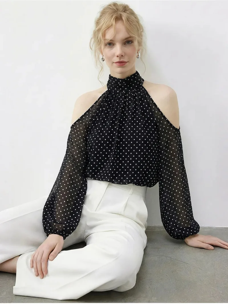 بيانكو لوتشي LUCCI Polka Dot Chiffon Turtleneck Blouse with Cut Out