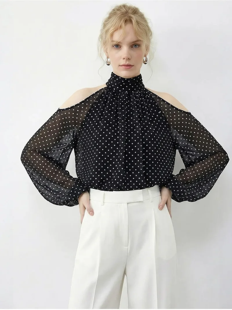 بيانكو لوتشي LUCCI Polka Dot Chiffon Turtleneck Blouse with Cut Out