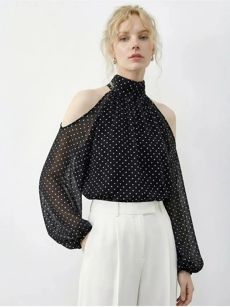 Bianco Lucci LUCCI Polka Dot Chiffon Turtleneck Blouse with Cut Out