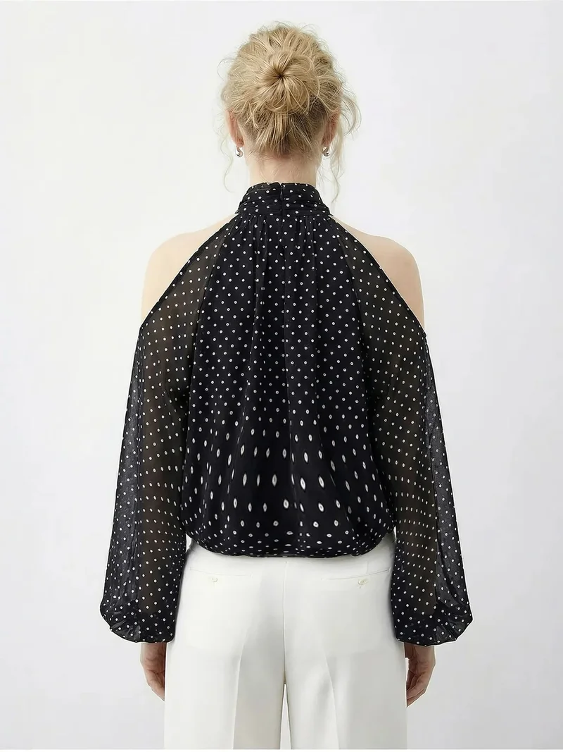 Bianco Lucci Black LUCCI Polka Dot Chiffon Turtleneck Blouse with Cut Out for Women | Best Price UAE