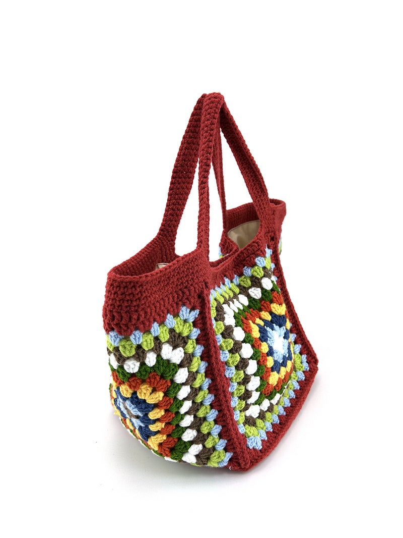 Handmade Crocheted Grandmother'S Square Handbag Hand Hook Square Stitching Large Capacity Women'S Hand-Held Finished Bag - Image 1