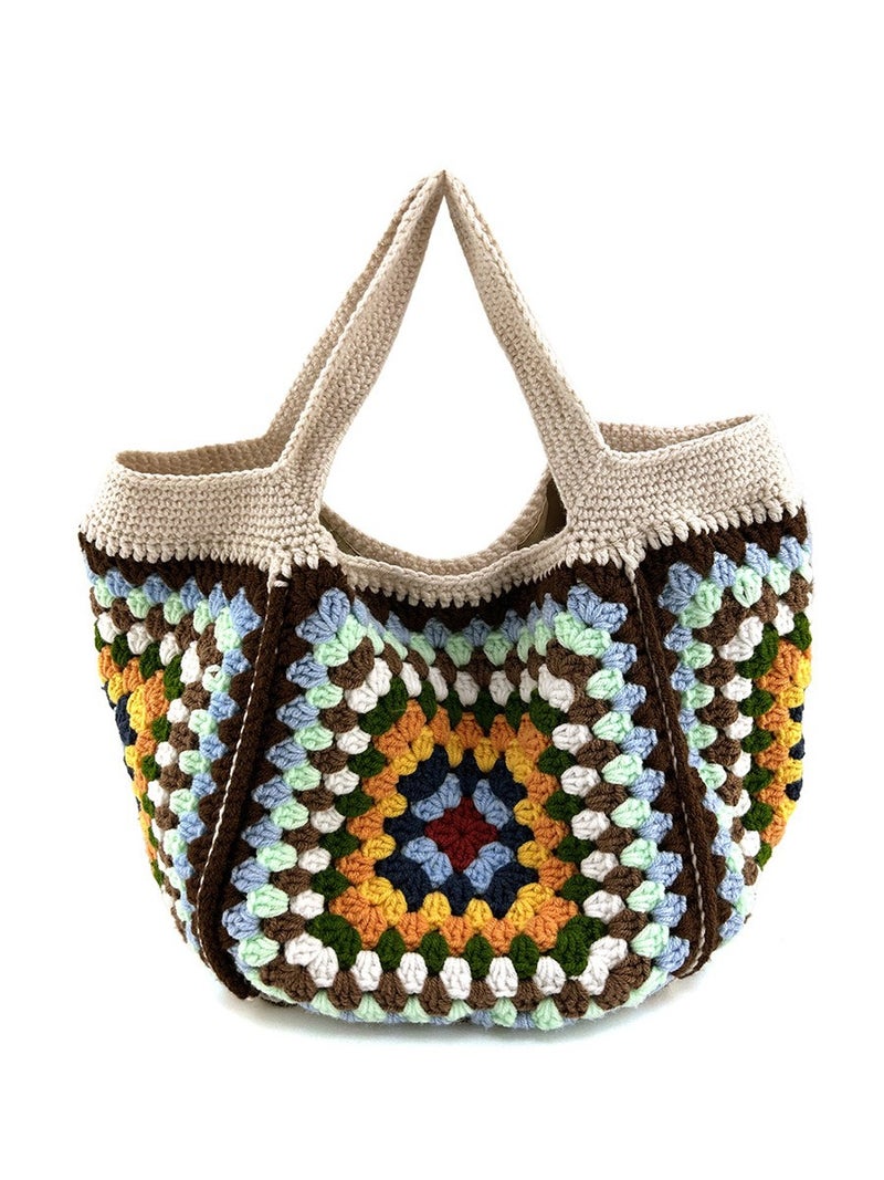 Handmade Crocheted Grandmother'S Square Handbag Hand Hook Square Stitching Large Capacity Women'S Hand-Held Finished Bag - Image 2